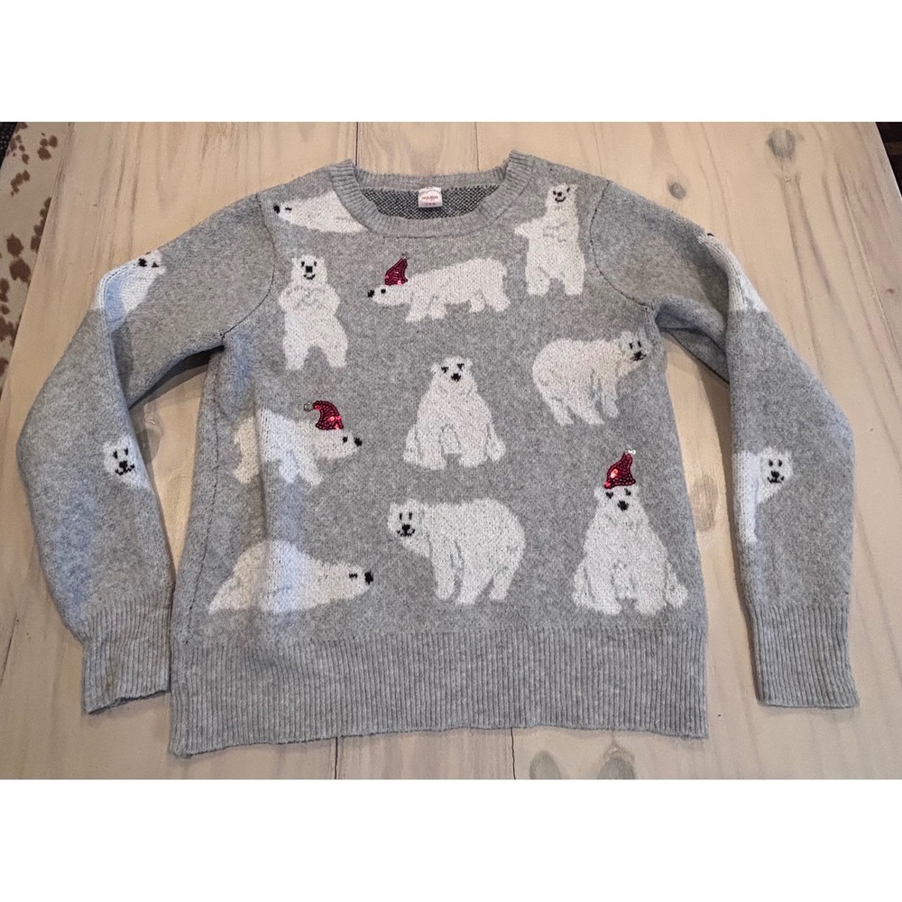 Holiday Time Womens Polar Bear Christmas Sweater Gray Sequin Santa Hat SZ M 8-10